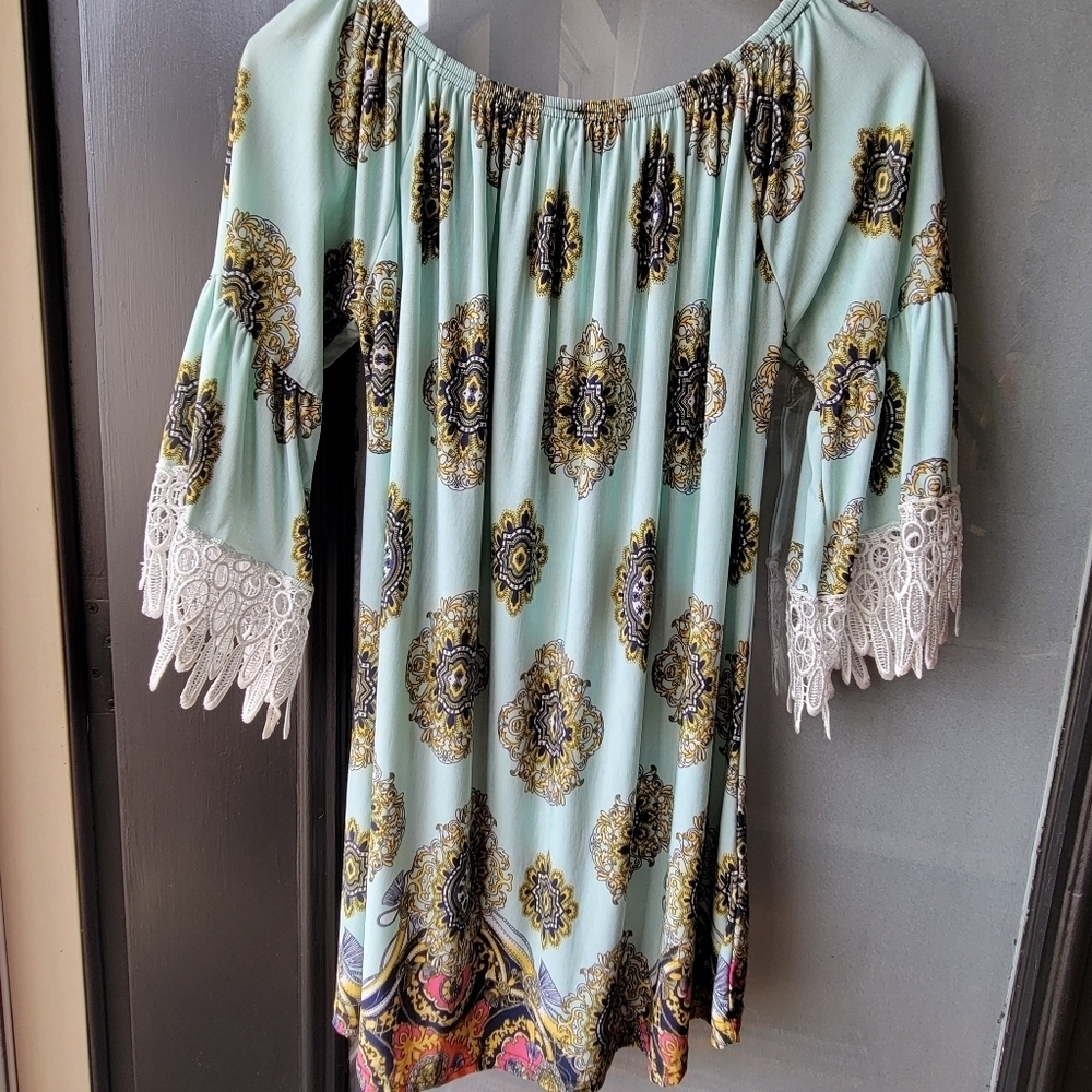 WIN WIN Boho Women's Blouse 3/4 Sleeves Off Shoulder L/XL Lace Multicolor Tunic - Picture 8 of 9